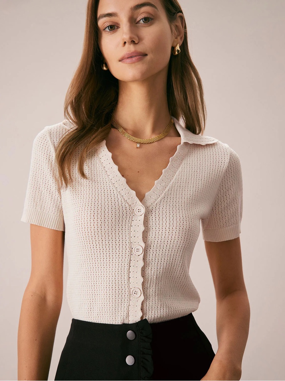 RIHOAS Cream Short-Sleeve Scallop Knit Cardigan